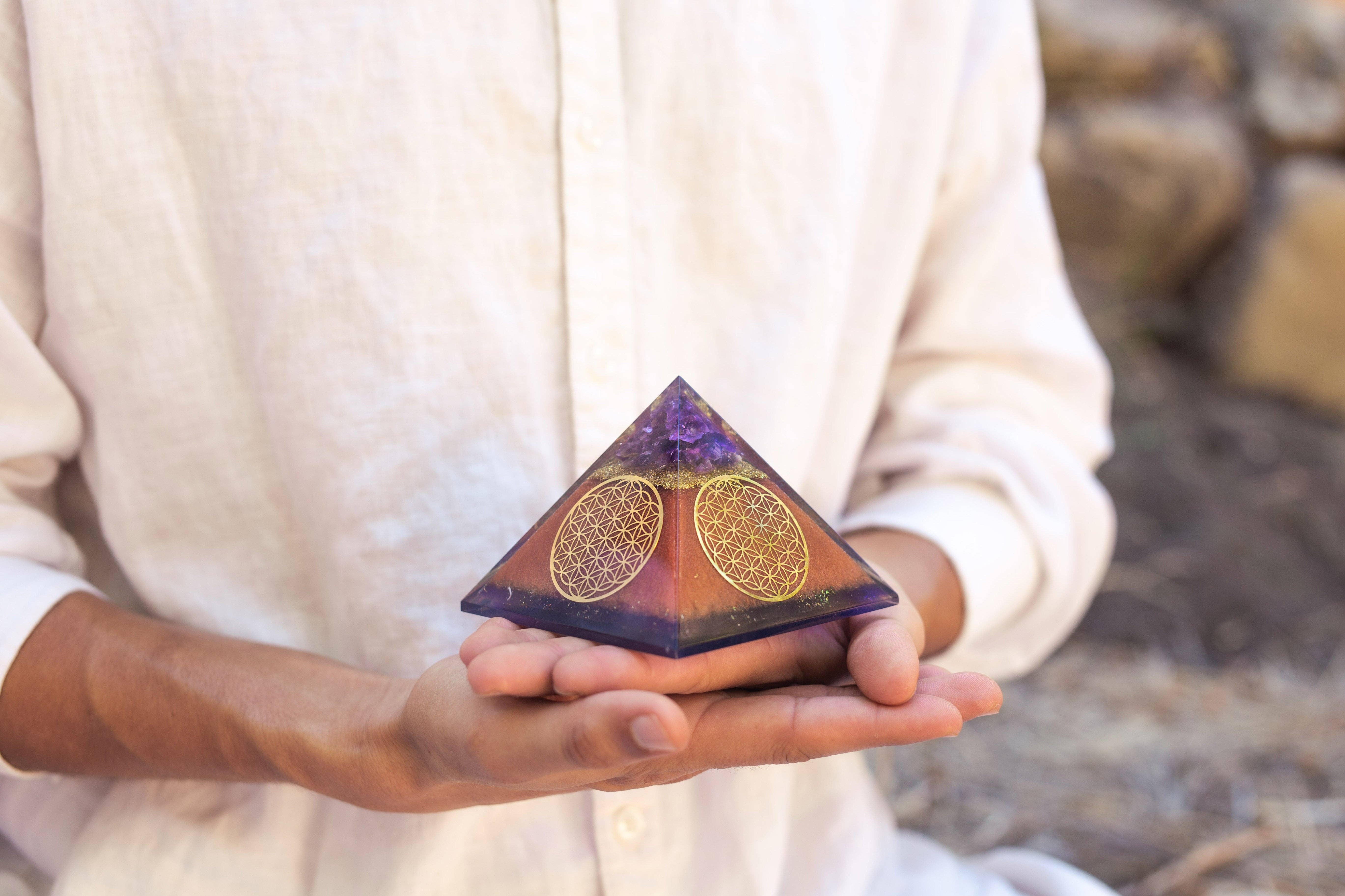 Ancient Energy LLC - Wholesale Spiritual Stone/Crystal - Flower of Life Copper Orgone Pyramid with Amethyst