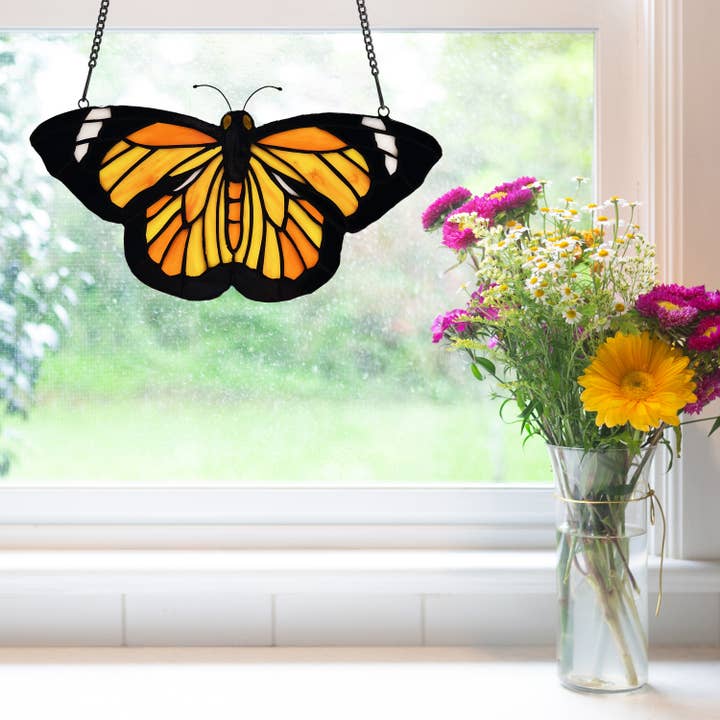 6.5"H Yellow & Orange Butterfly Stained Glass Window Panel for wholesale by River of Goods