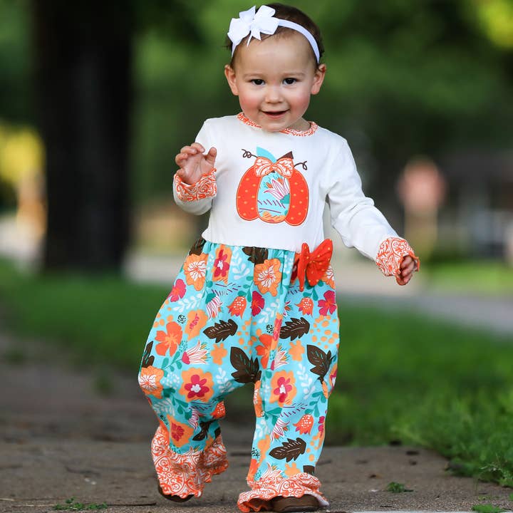 AnnLoren - Wholesale Jumpsuit - Baby - AnnLoren Baby Girls Thanksgiving Orange Pumpkin Romper
