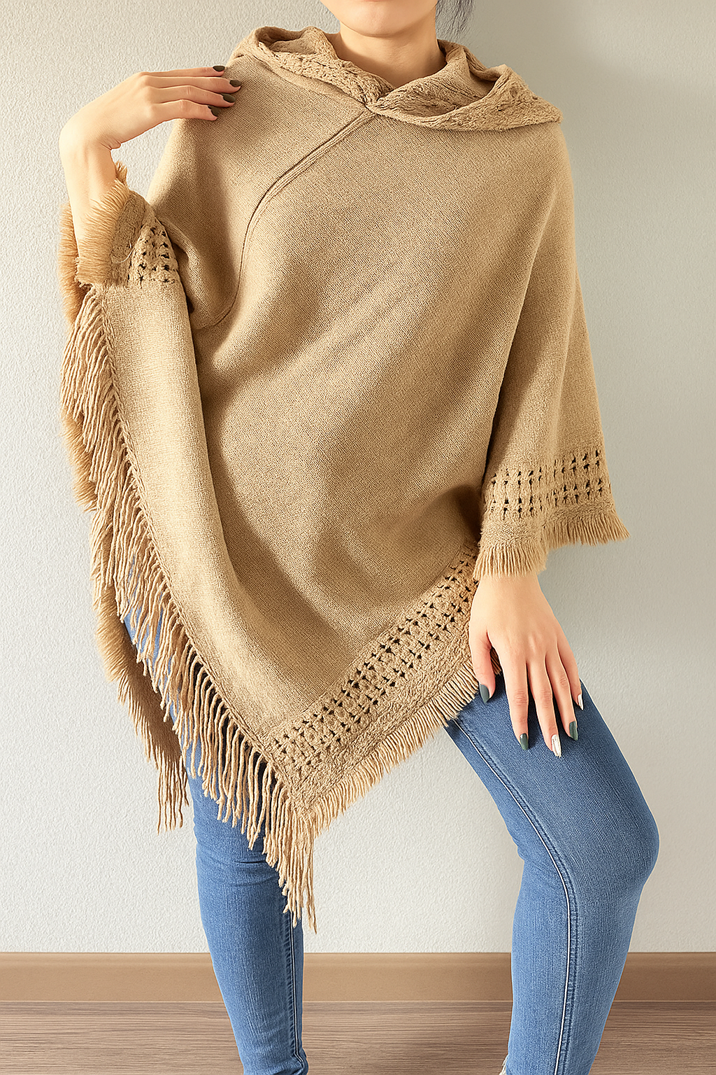Fennco Styles - Wholesale Poncho - Women's - Knit Fringed Hooded Poncho2