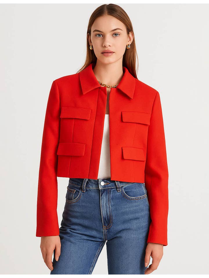 Sweetkama - Wholesale Jacket - Women's - Ladies Solid Color Lapel Collar Button Front Crop Jacket4