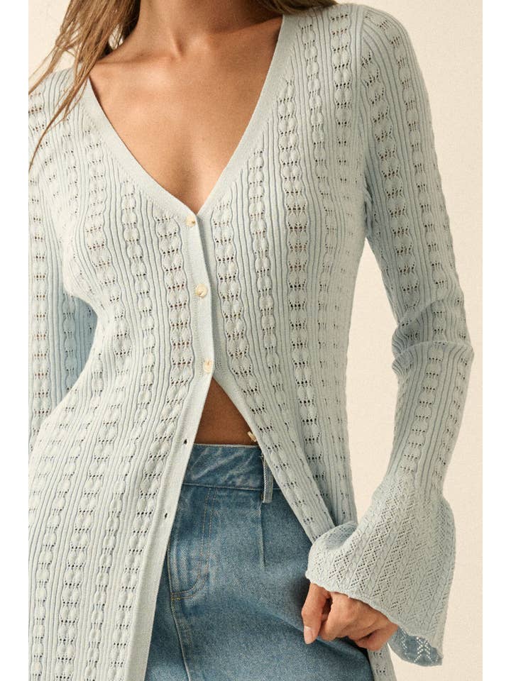 Promesa USA - Wholesale Cardigan - Women's - Pointelle Rib-Knit Trumpet-Sleeve Duster Cardigan1