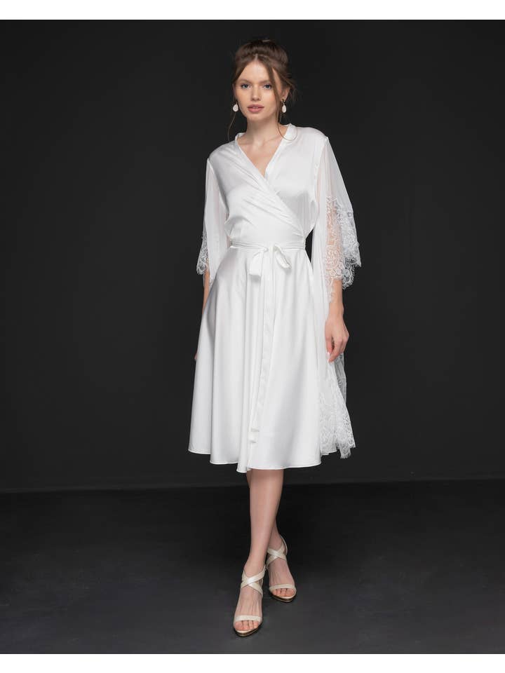 KÂFEMME and Co - Wholesale Dress - Women's - Angel Midi Wrap Sheer Sleeve Dress White