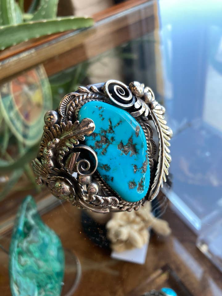 GIANT VINTAGE NATIVE AMERICAN TURQUOISE STERLING SILVER CUFF for wholesale by Rainbow Trading Post