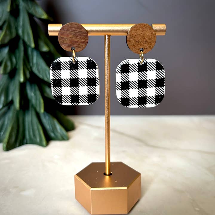 Buffalo Plaid Earrings – Clay Dangle with Wood Accent for wholesale by Lady Bug Custom Gifts