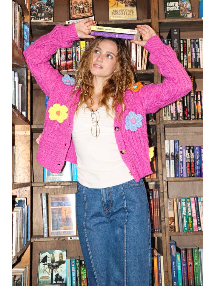 VERY J - Wholesale Cardigan - Women's - 12W3110N-Hand-Made Flower Applique Knit Sweater Cardigan