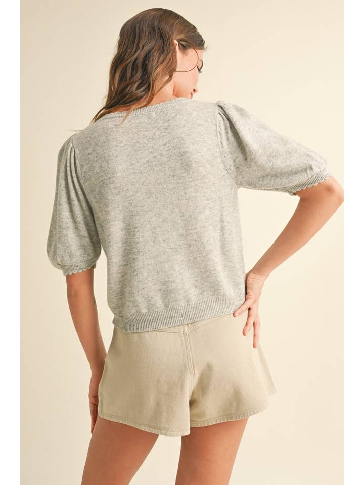 MIOU MUSE - Wholesale Cardigan - Women's - J5056 PUFF SHORT SLEEVE BUTTON DOWN KNIT CARDIGAN