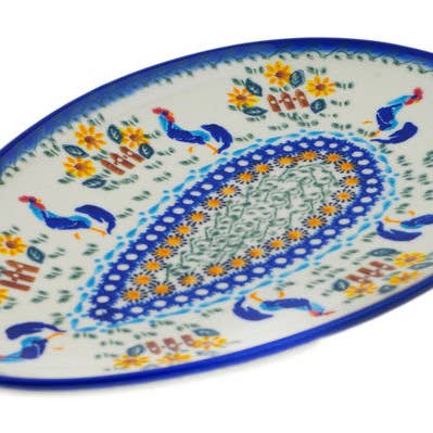 Oval Platter 11" Rooster Madness Theme UNIKAT for wholesale by Polmedia Polish Pottery