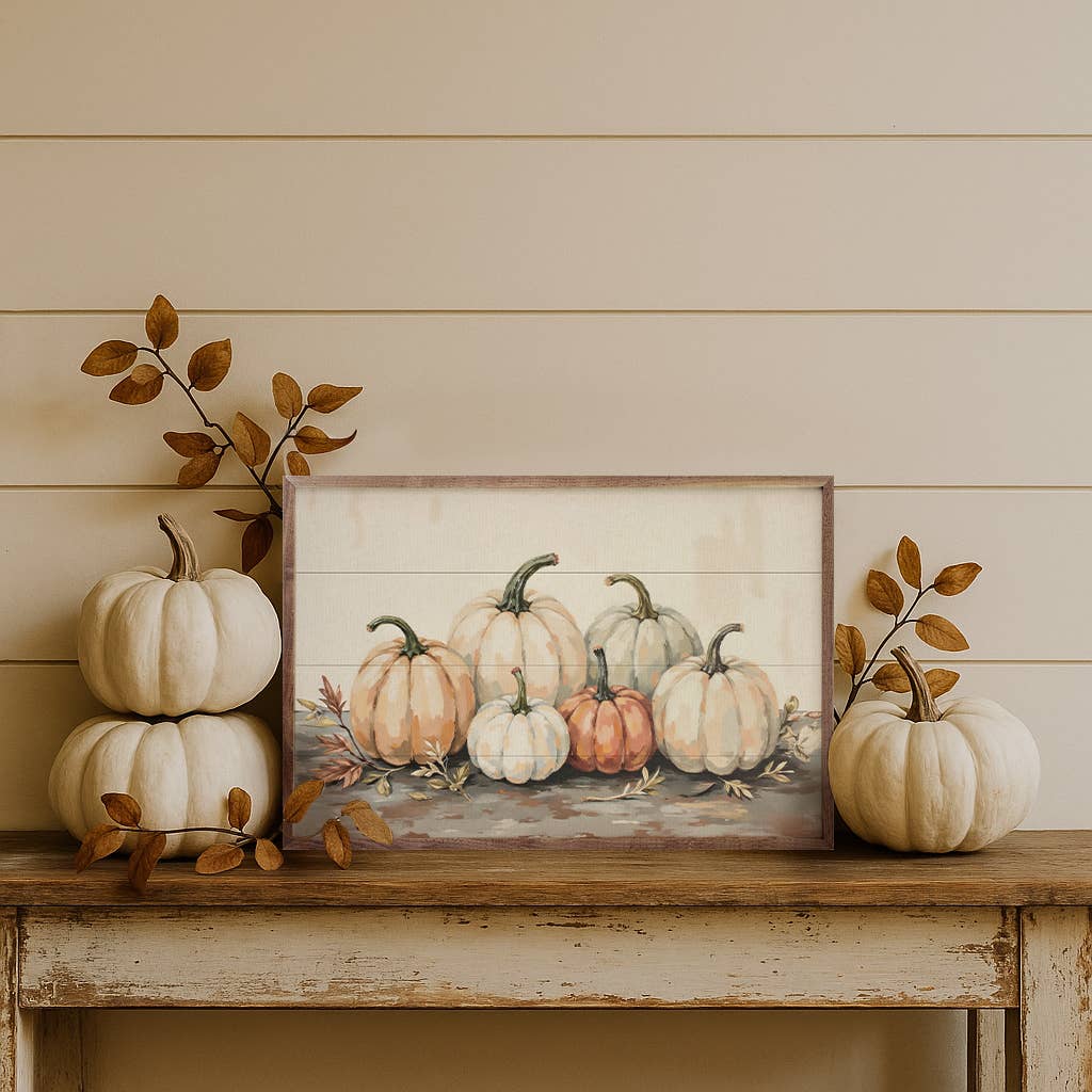 Kendrick Home - Wholesale Wood Wall Art - Gathered Pumpkins On A Tabletop1