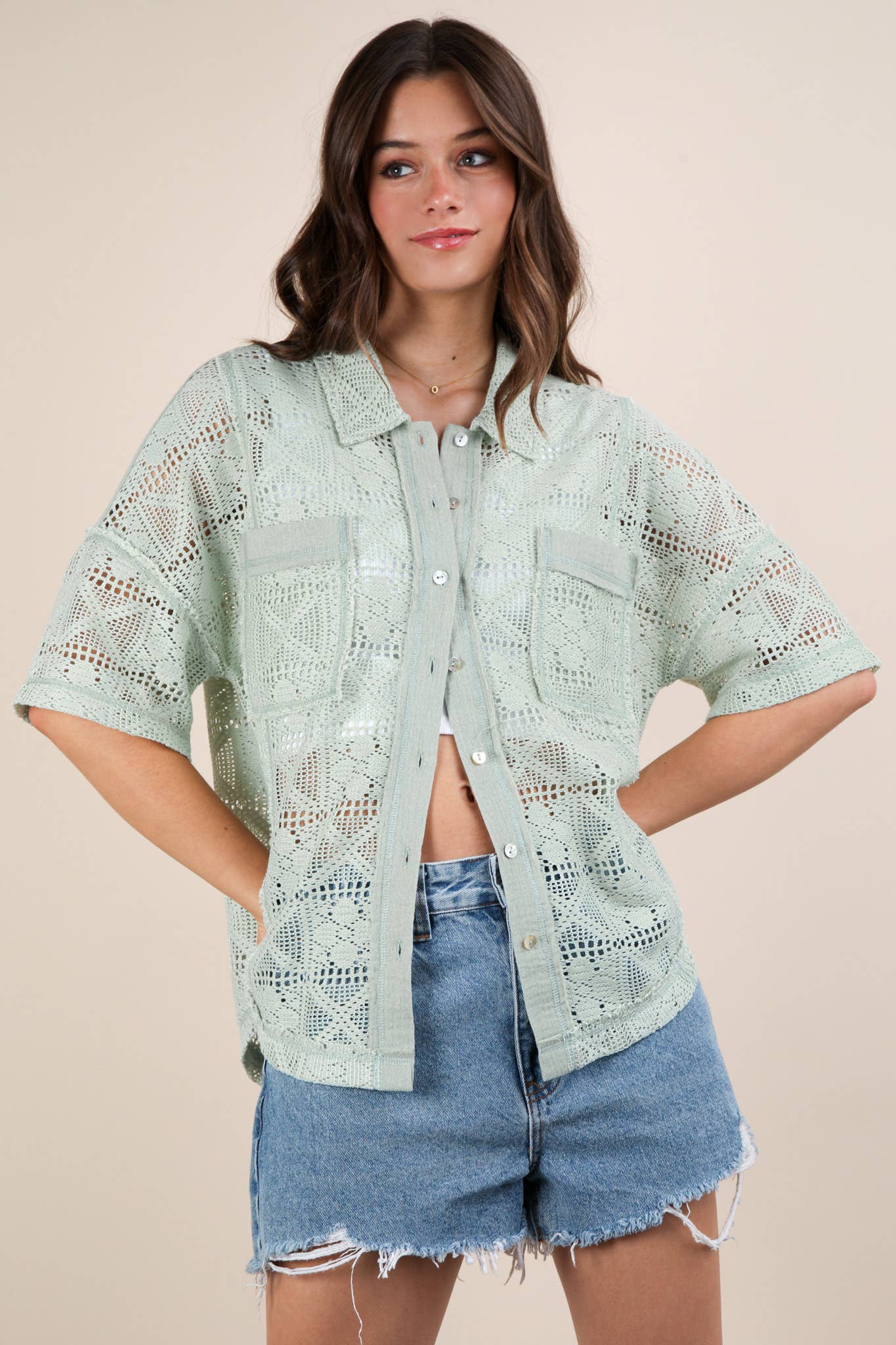 VERY J - Wholesale Jacket - Women's - NT12083-Oversized Crochet Button Down Shirt Top4