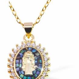 Byzantium Collection Ltd – wholesale Pendant/charm necklace – Paua Shell Oval Necklace with Virgin Mary image,Golden Frame