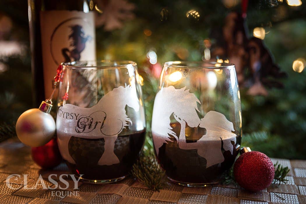 Classy Equine - Wholesale Wine Glass - Gypsy Girl - Gypsy Vanner Horse Stemless Wine Glass2