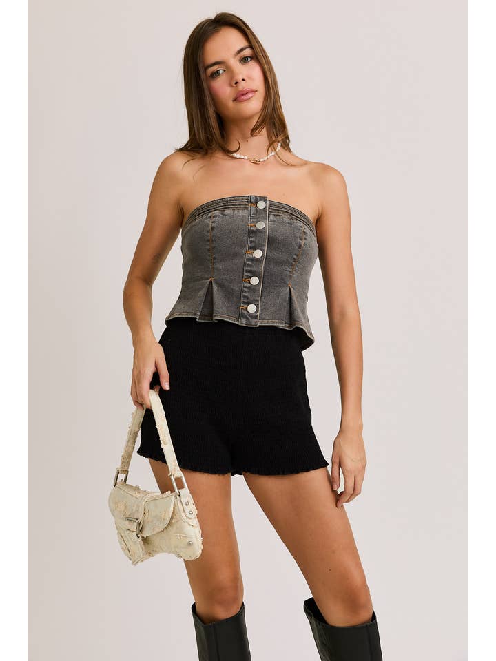 LE LIS - Wholesale Blouse - Women's - DENIM TUBE TOP WITH FRONT BUTTONS