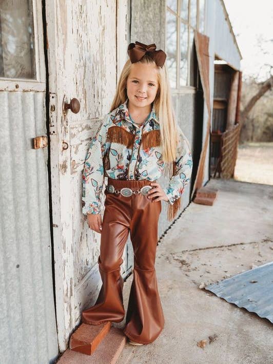 Camisa Turquesa de Vaquera con Flecos y Broches de Perla, Talla 3T-5T para venta al por mayor de Shea Baby