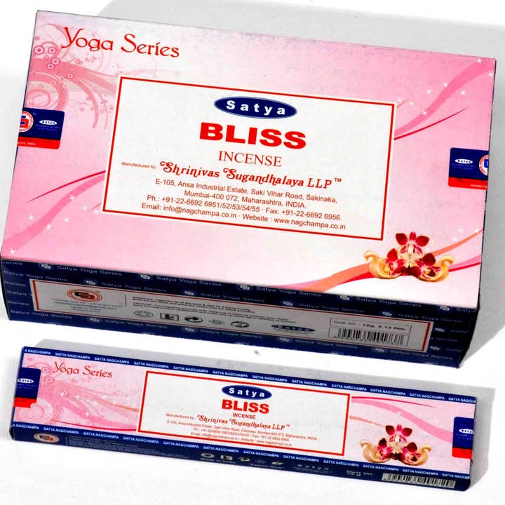 Encens Satya - Bliss Nag Champa, boîte de 12 paquets de 15 g pour la vente par R. Expo/Song of India
