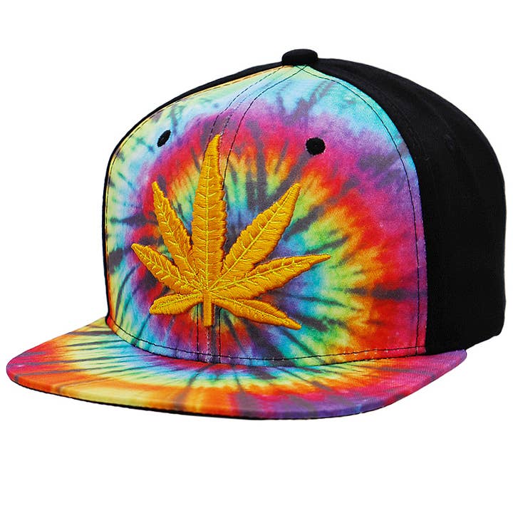 Cap Zone - Wholesale Flat Brim Cap - Unisex - Tie Dye Marijuana Leaf Cotton Six Panel Snapback
