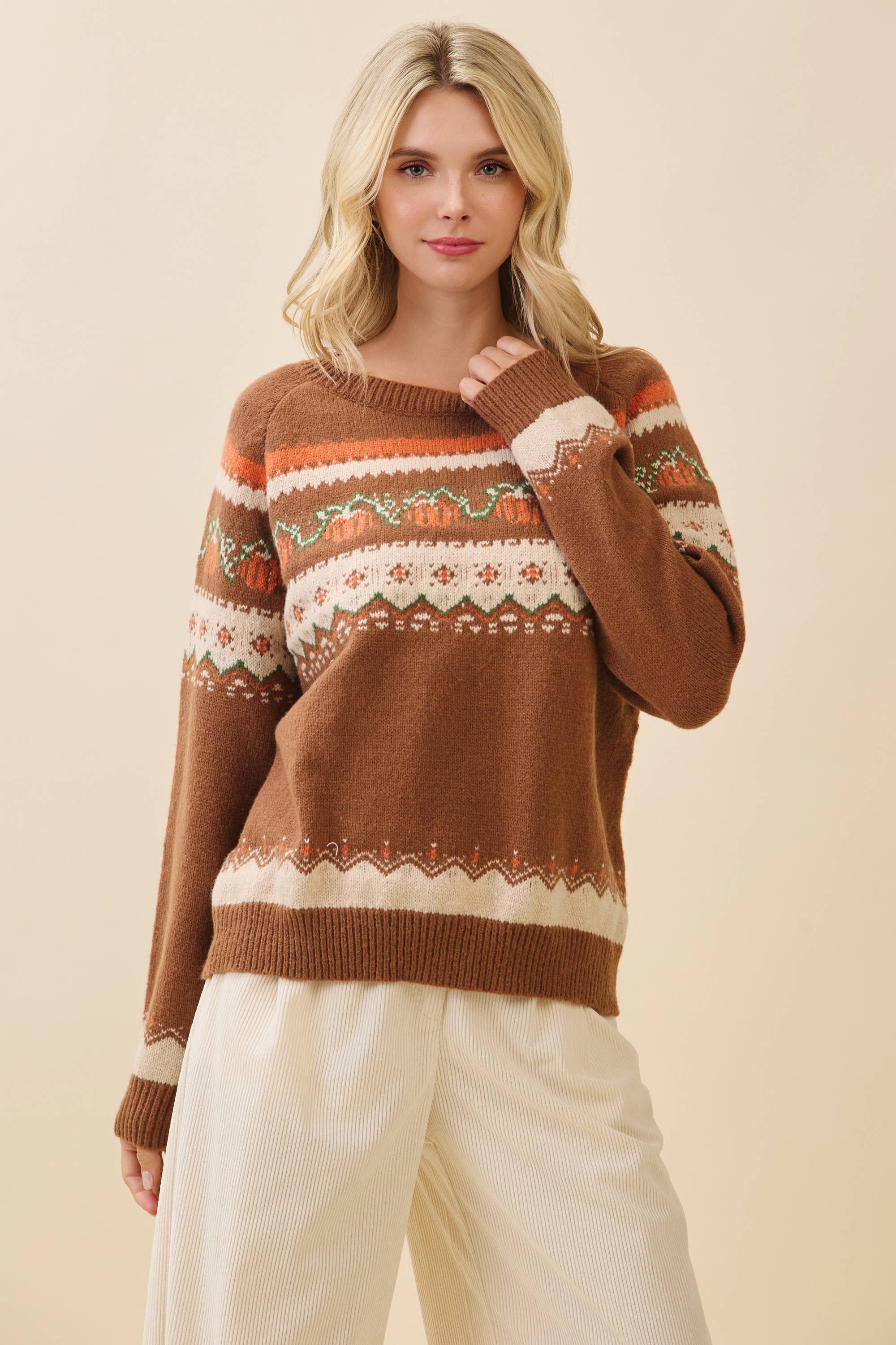 Marron Multi Pull Tricot Citrouille d'Automne OT52161 en vente sur Faire3
