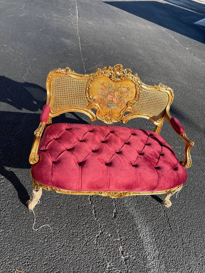 Hand-Carved Louis XV Settee – Gold Finish, Red Velvet, Floral Backrest for wholesale by MALuxury Furniture