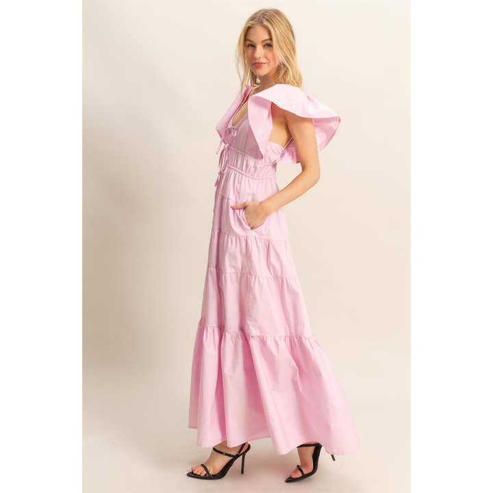 HYFVE - Wholesale Dress - Women's - HF25C792-Flutter Sleeve Poplin Tiered Maxi Dress