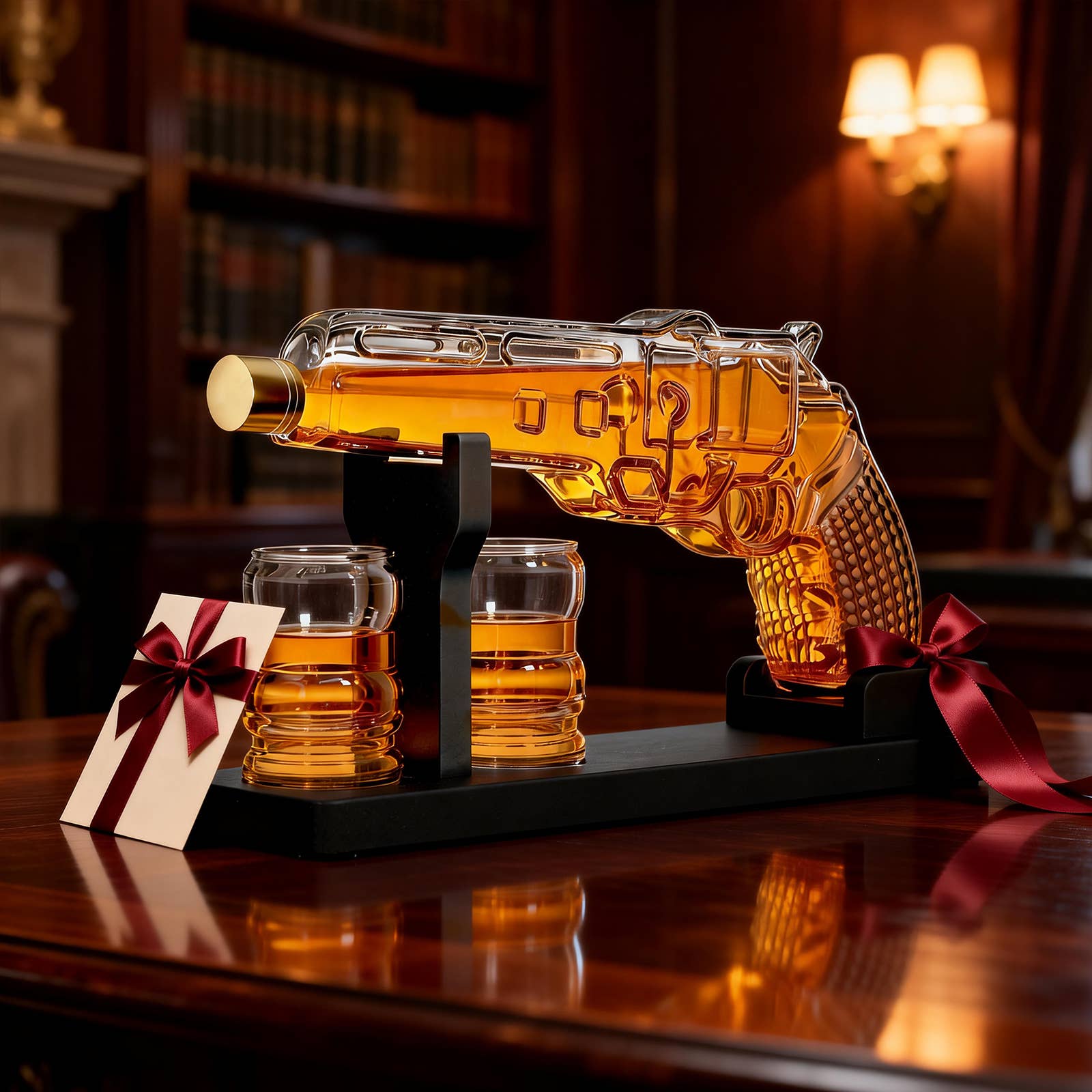 The Wine Savant /  Khen Glassware - Wholesale Decanter - Pistol Gun Decanter Set + 2 Bullet shot Glasses & Wood Stand8