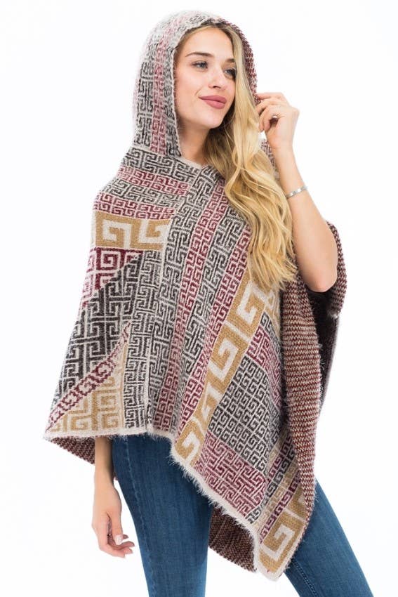 Cap Zone - Vente Poncho – femme - Poncho à capuche en faux angora Greek Key6