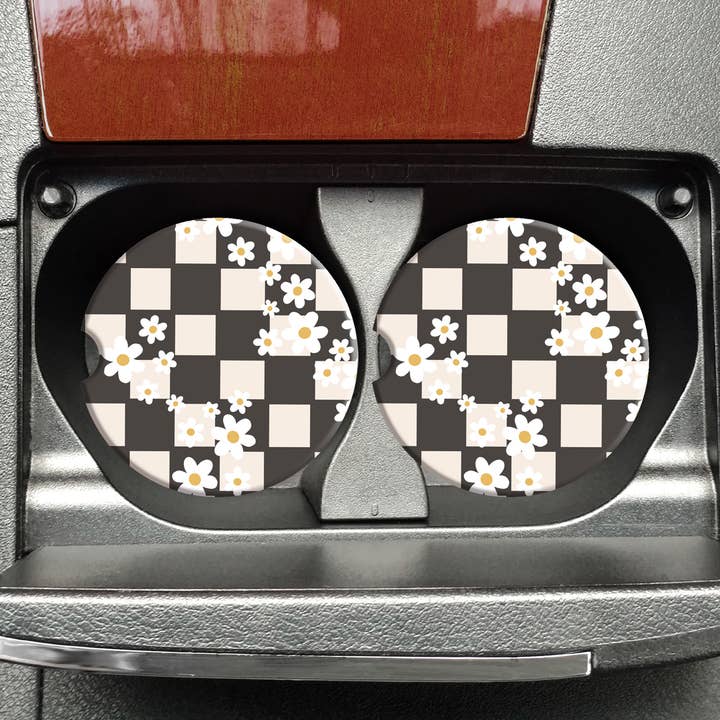 Checkered Daisies Car Coasters, Retro Car Coasters for wholesale by Mugsby