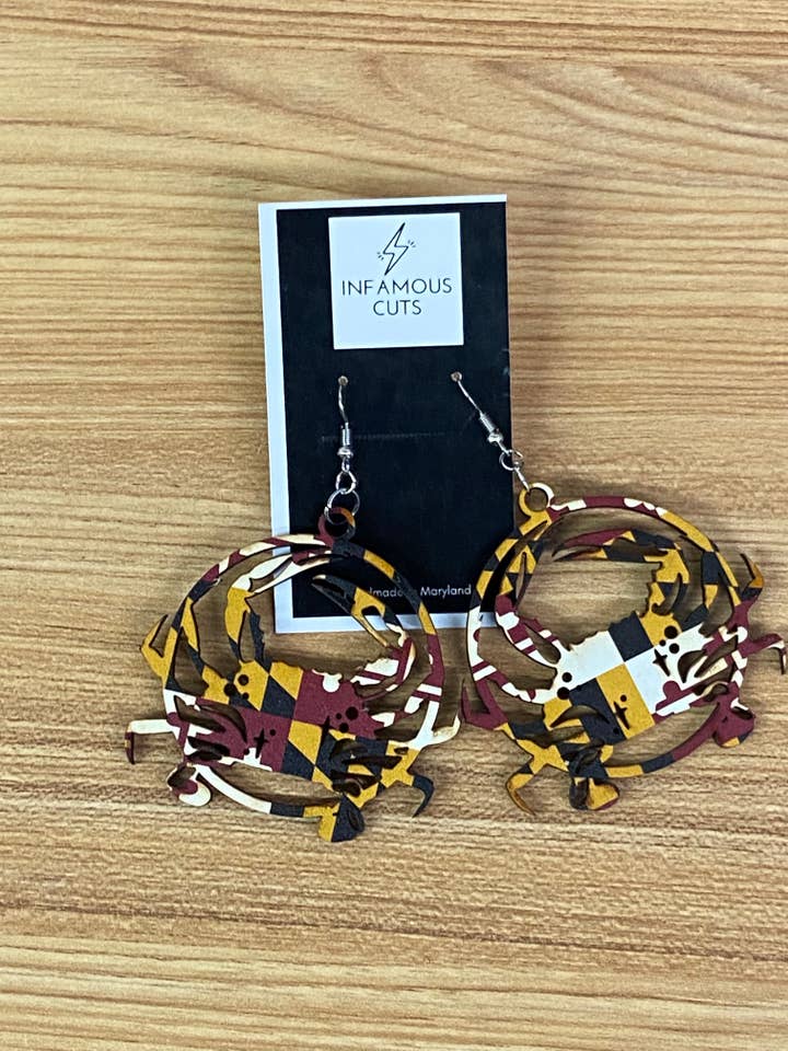 Crab Earrings with Maryland Flag for wholesale by Infamous Cuts