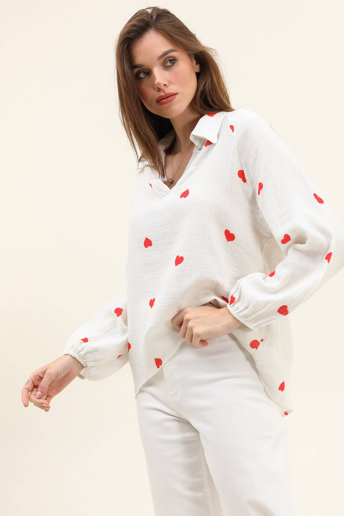 Moonsun - Wholesale Blouse - Women's - French collar allover heart print cotton gauze blouse1