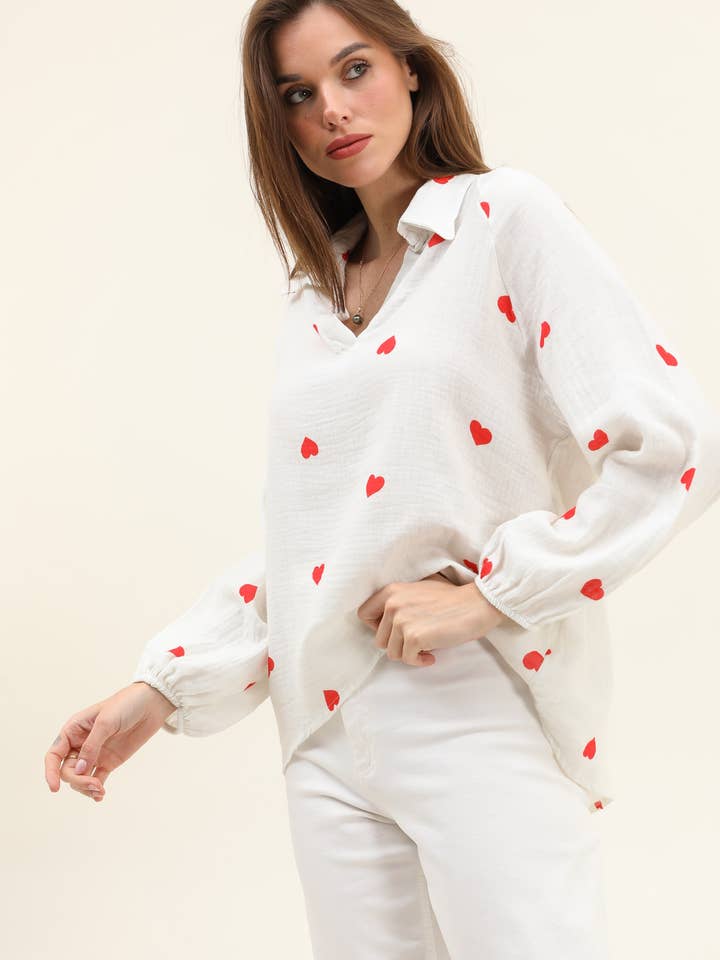 Moonsun - Wholesale Blouse - Women's - French collar allover heart print cotton gauze blouse1