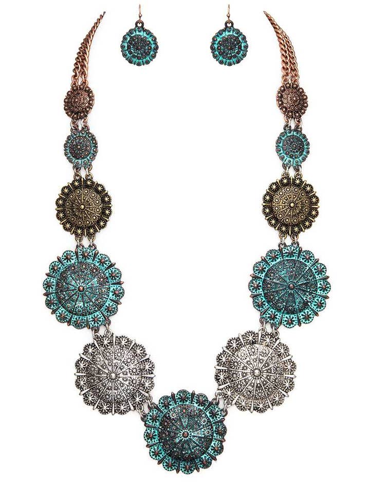Mix Tone Textured Medallion Western Necklace Set for wholesale by Artini Accessories