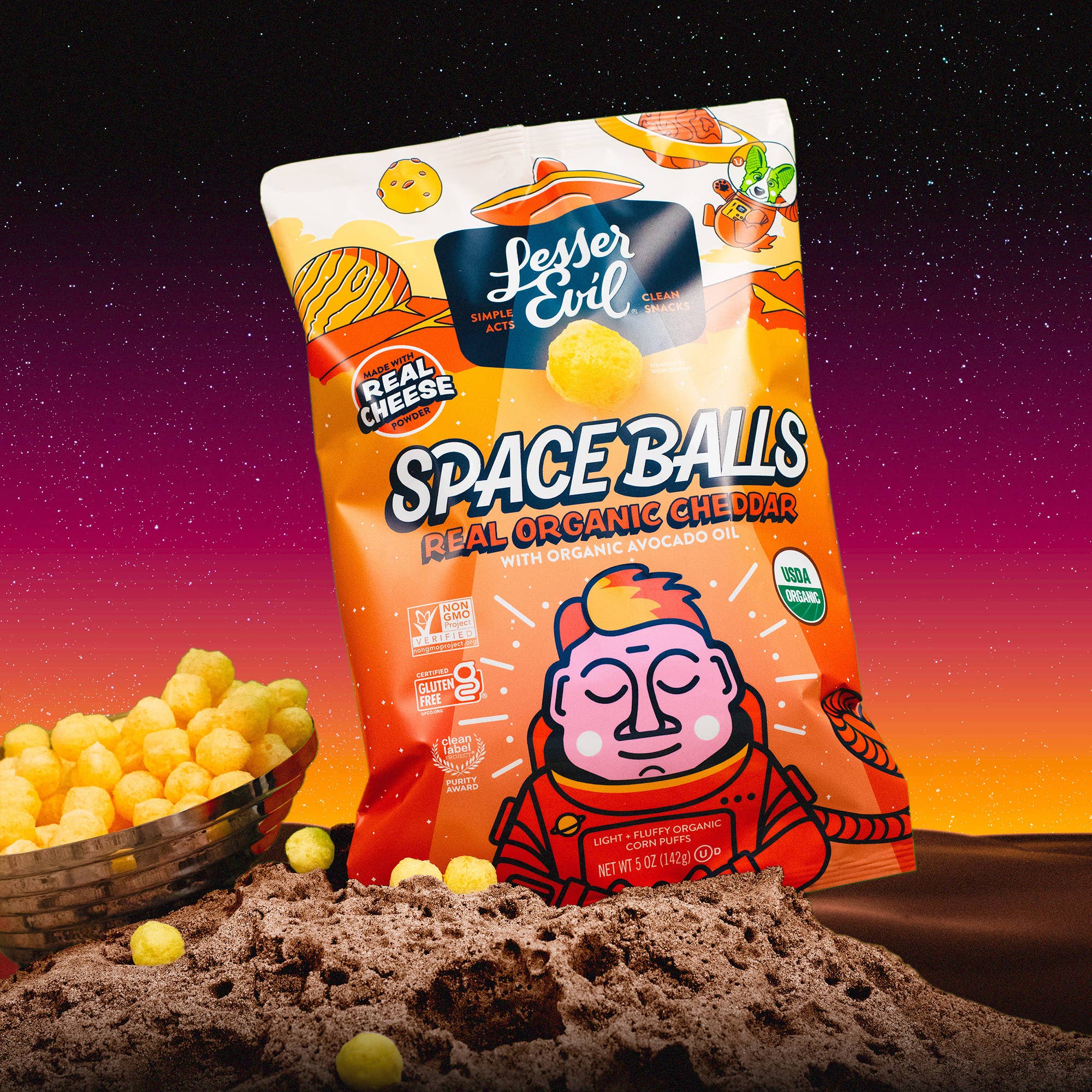 LesserEvil - Vente Encas soufflé - Space Balls, Fromage Réel 142g2