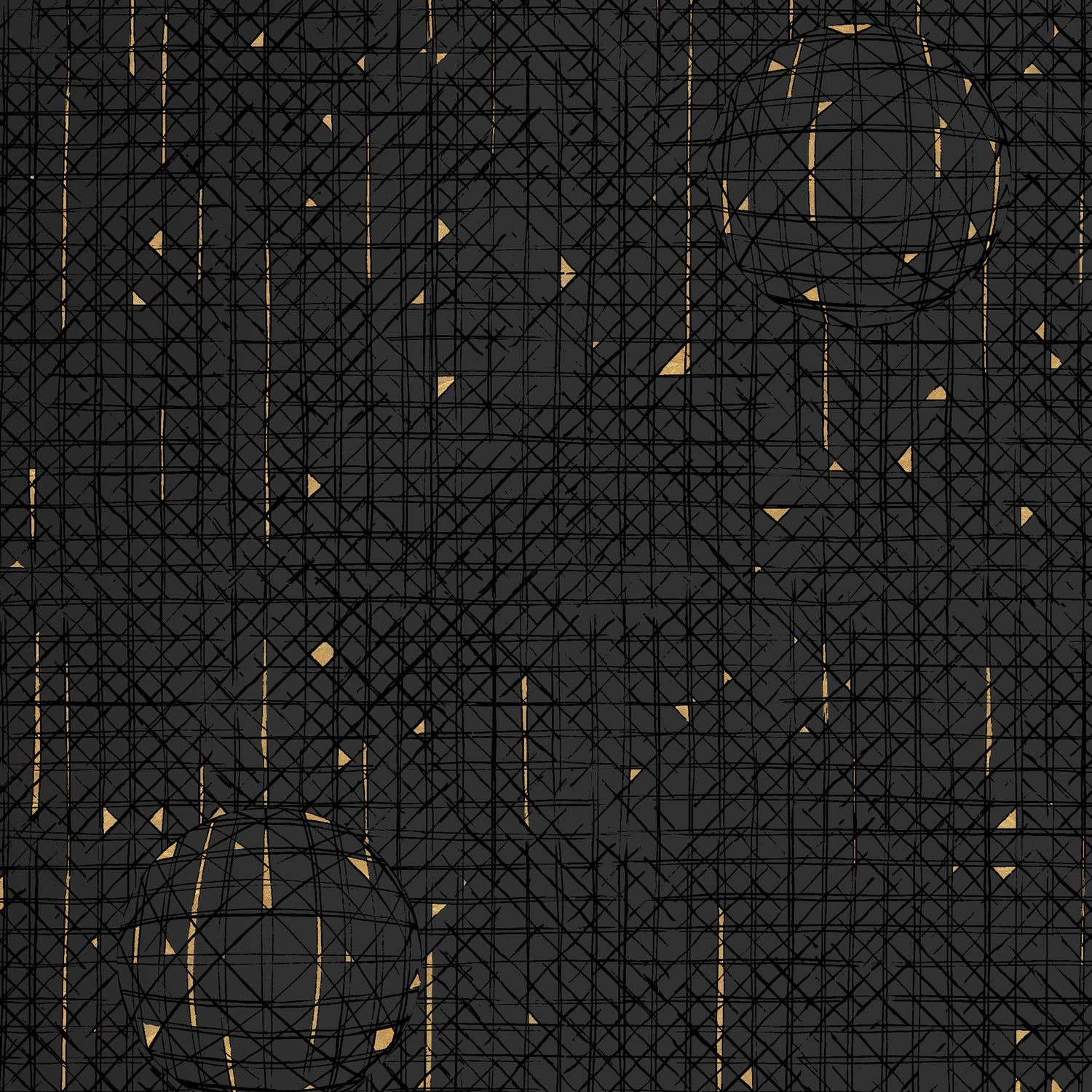 Manuka Textiles - Vente Papier peint - Papier peint Pressed Cane, noir corbeau et or métallique sur fond noir mat3