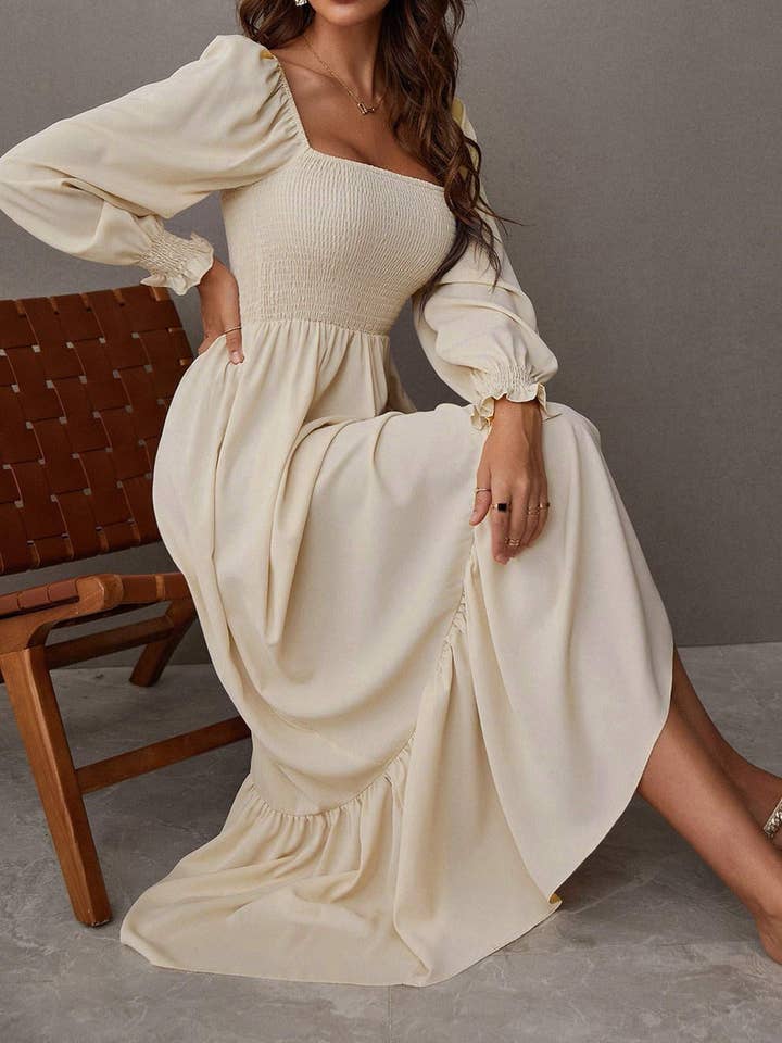 square neck shirred ruffle hem dress for wholesale by Fashion Combination