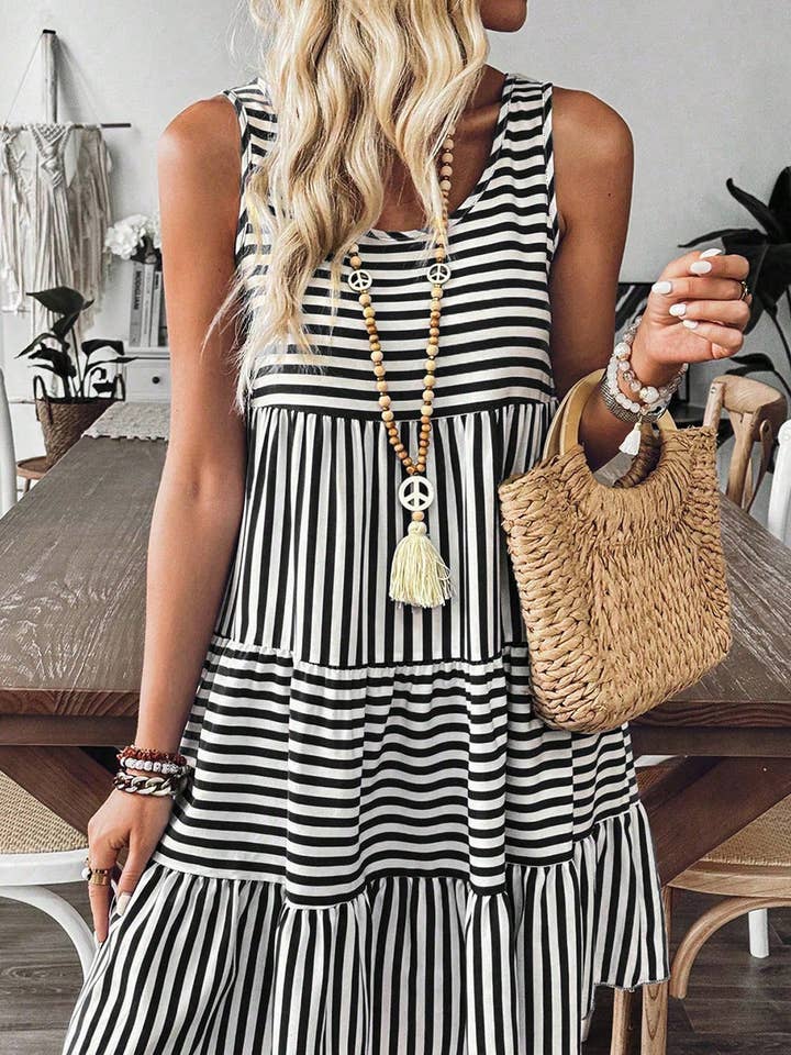 Black Stripe U Neck Sleeveless Loose Fit Mini Dress for wholesale by Azzurro