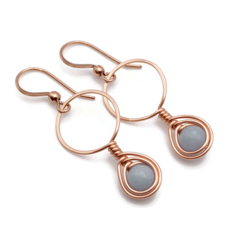 Copper and Angelite Wire Wrapped Earrings for wholesale by Pillar of Salt Studio
