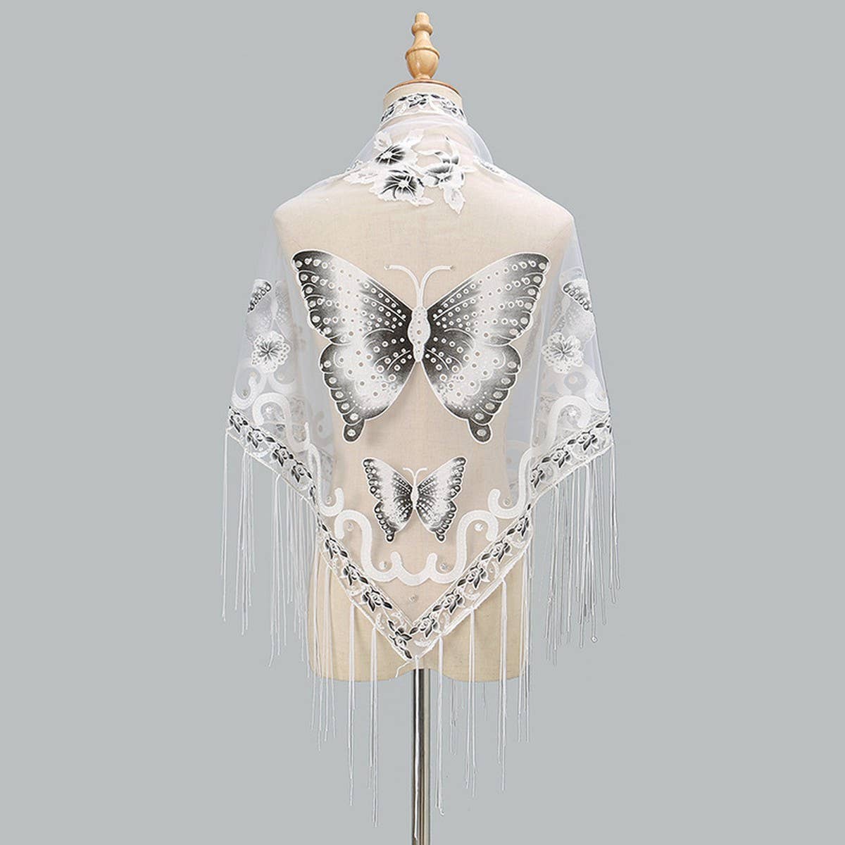 ACCITY - Wholesale Wrap - Women's - LACE BUTTERFLY EMBROIDERED TRIANGLE SHAWL_CWMM19941