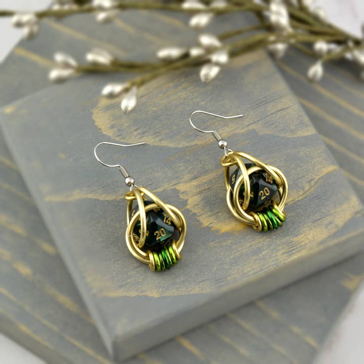 Rebeca Mojica Jewelry – wholesale Dangle earrings – d20 Forest Green Earrings - Mini Dice Chainmaille Jewelry1
