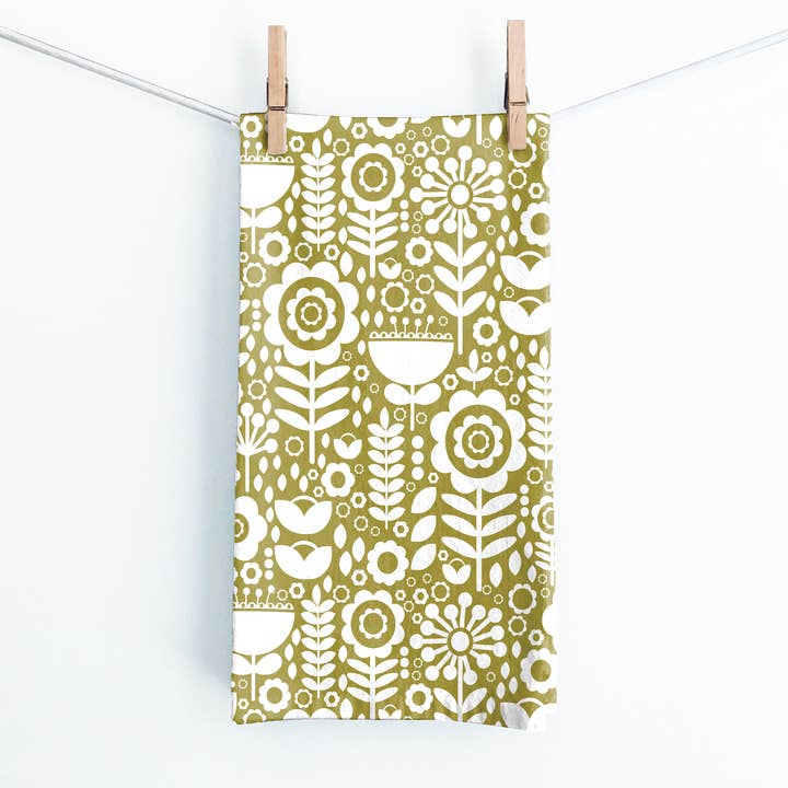 Folk Flowers Leaf Tea Towel for wholesale by Juniper Blue