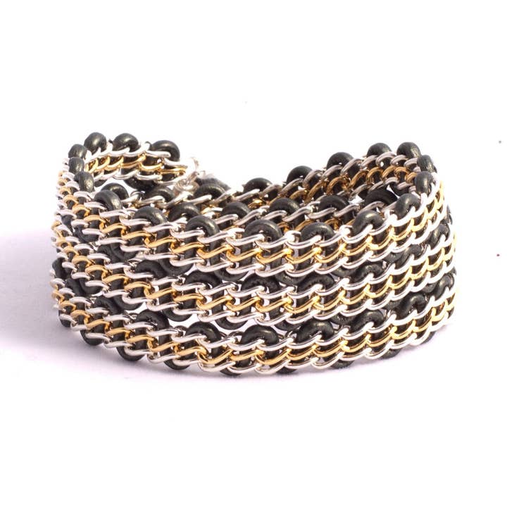 Braemar Wrap Bracelet — Sterling Silver & 14k Gold-Filled Chain on Metallic Sage Green Leather for wholesale by Solid Design Studios