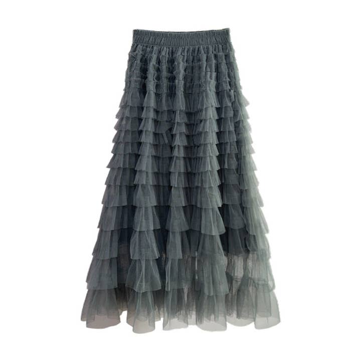Sweetkama - Wholesale Skirt - Women's - Ladies Solid Color Ruffle Guazy Midi Skirt SKS41176