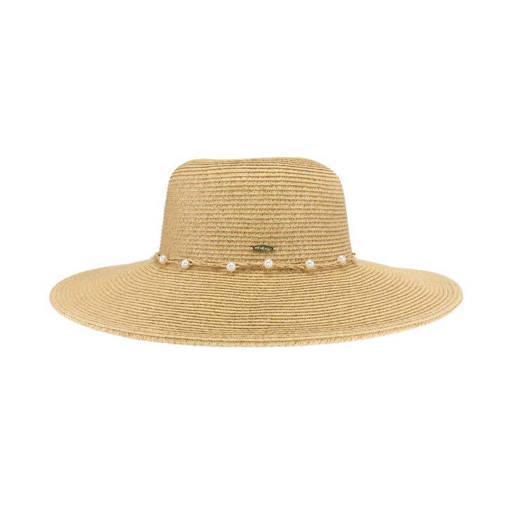 C.C Beanie - Wholesale Straw Hat - Women's - Pearl Banded Wide Brim C.C Sunhat STH0036