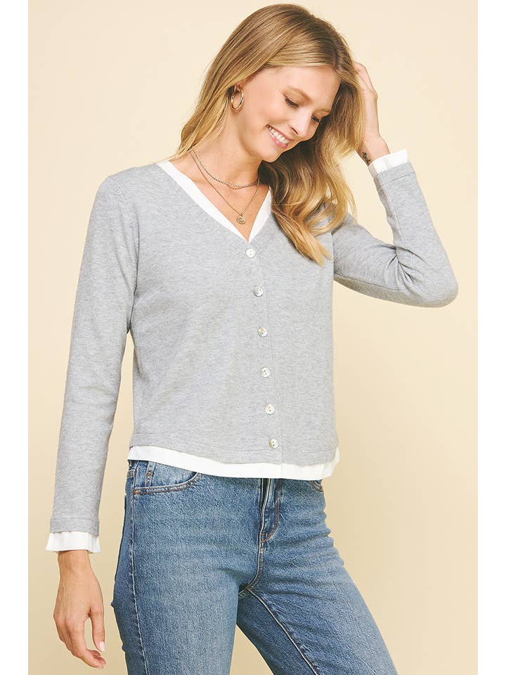 PINCH - Wholesale Knit Top - Women's - V-NECK WOVEN COMBO CARDIGAN TOP - 5831W14