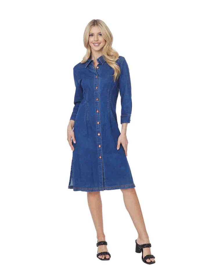 Robe-chemise longue "Daphne" en TENCEL™ coton stretch "denim" Tianello pour la vente par Tianello