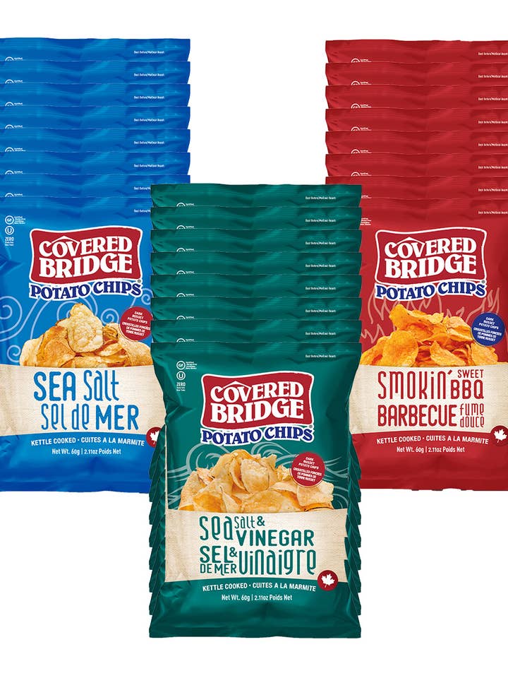 Coffret mixte de 24 paquets de 60g (3 saveurs) pour la vente par Covered Bridge