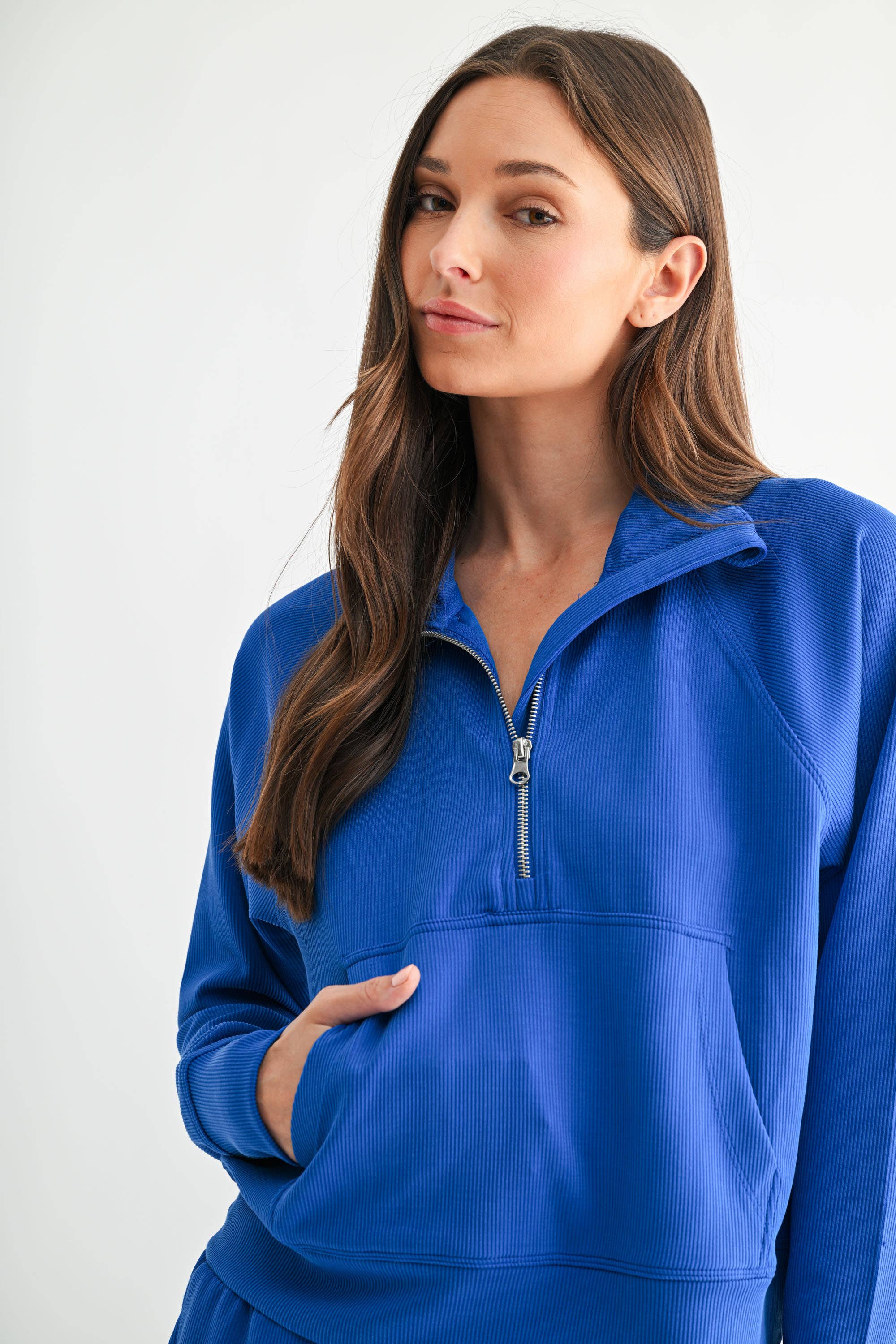 Mono B - Vente Sweat-shirt – femme - Pull à col zippé 1/4 en maille côtelée Luxe Sand Wash5