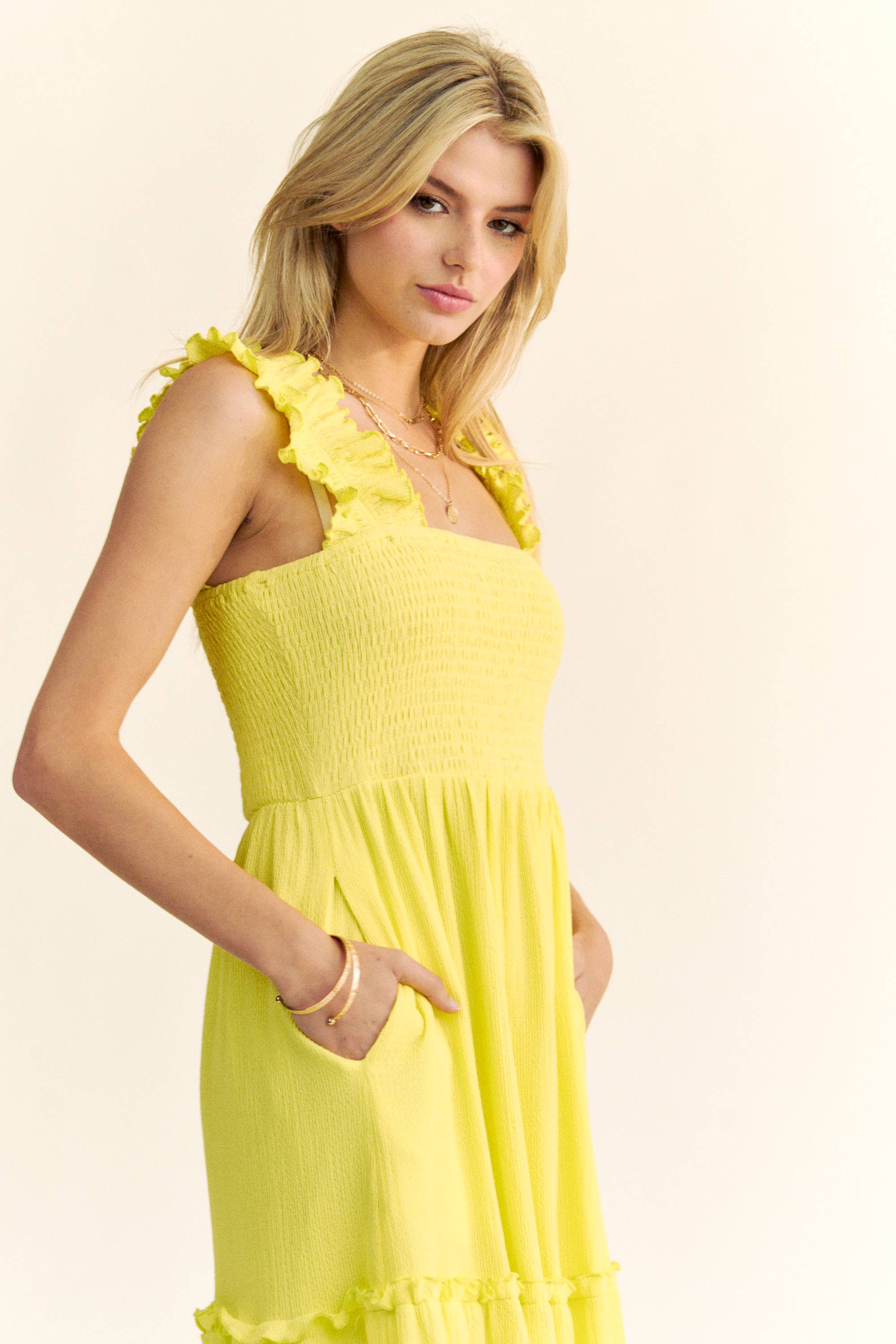 Davi & Dani - Wholesale Dress - Women's - PLUS SMOCING BODICE RUFFLE DETAIL SHIRRED DRESS1