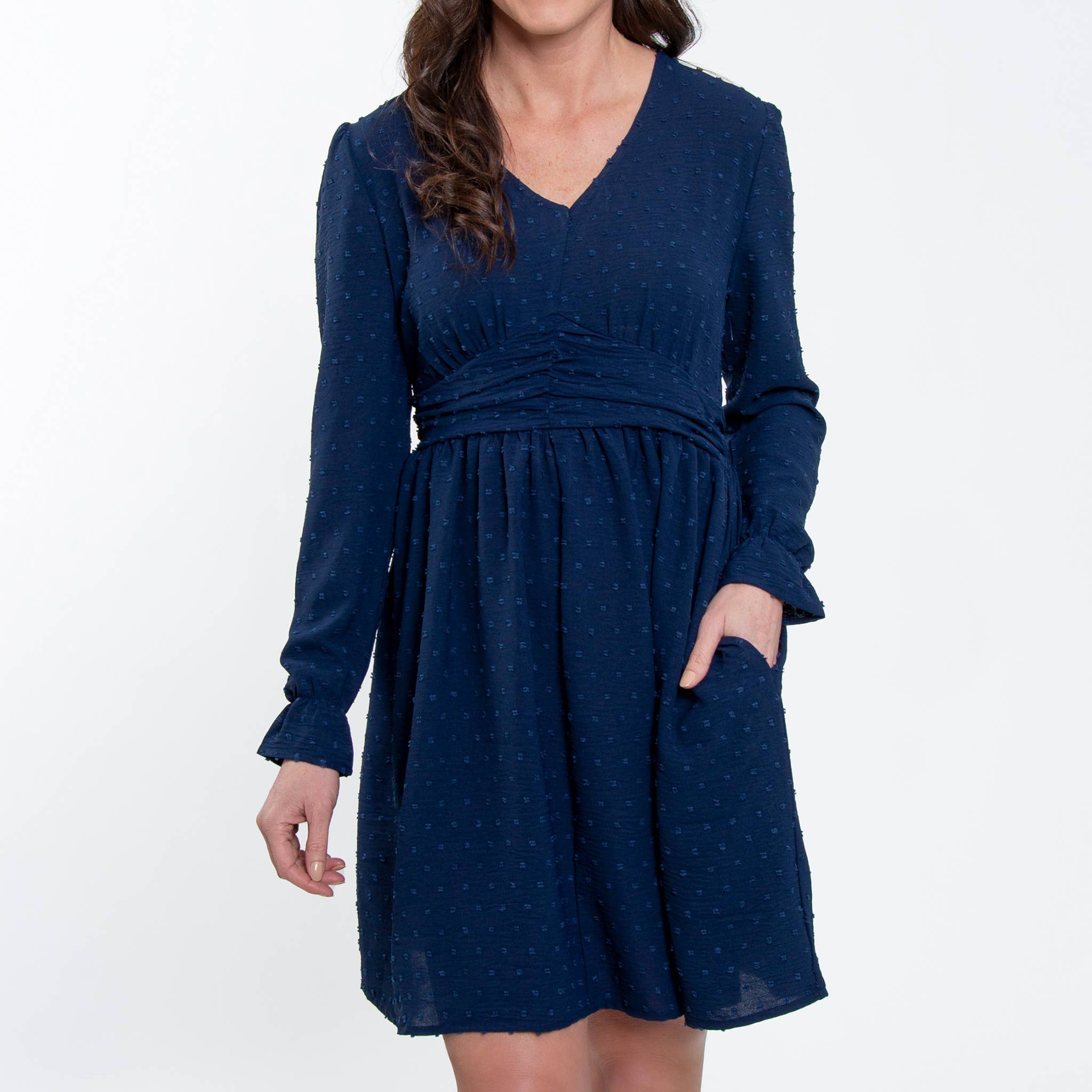 Elsie & Zoey - Wholesale Dress - Women's - Hayden Swiss Dot Long Sleeve Ruched V-Neck Dress6