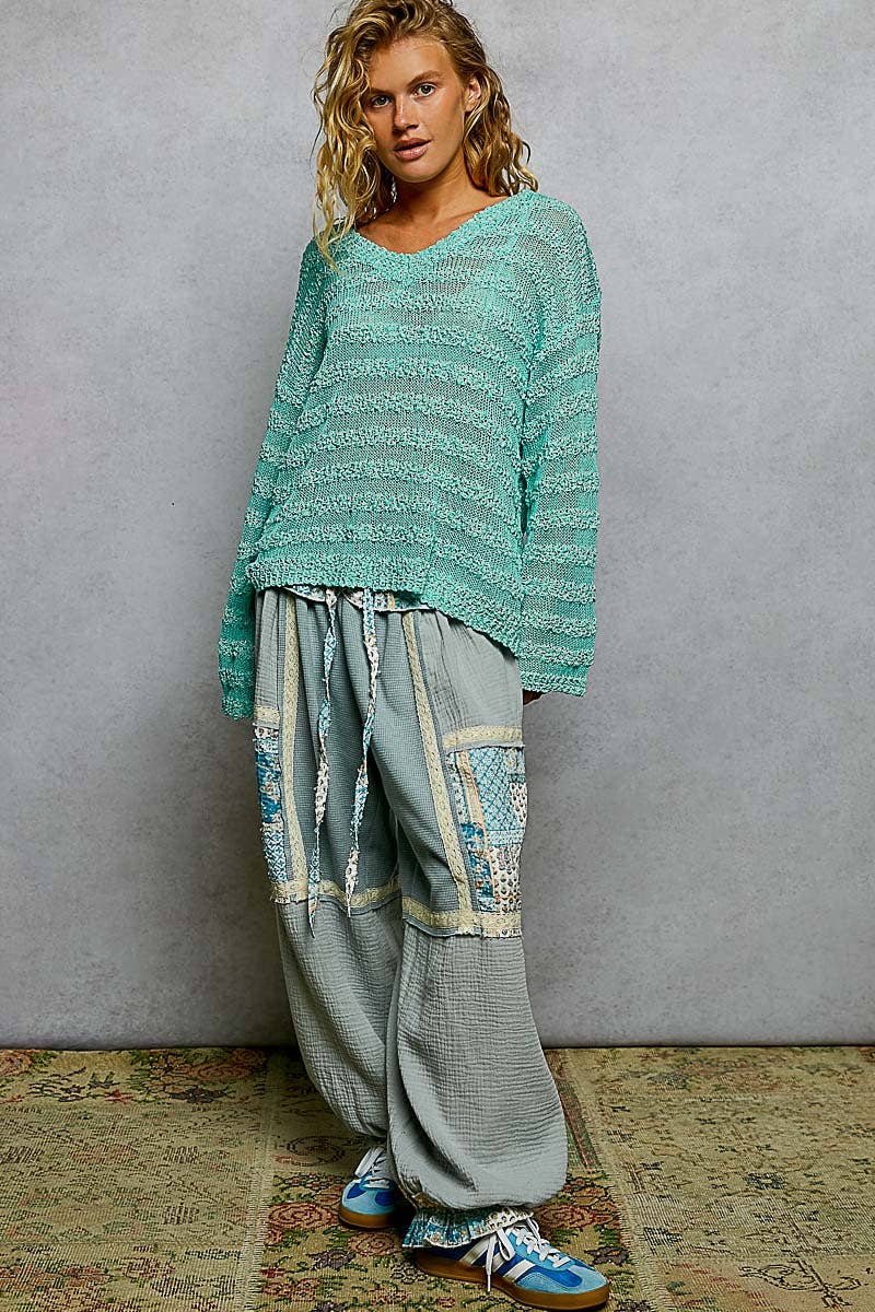 Pol Clothing - Wholesale Knit Sweater - Women's - V Neck Long Sleeve Striped Knit Acrylic Thin Sweater SALE21