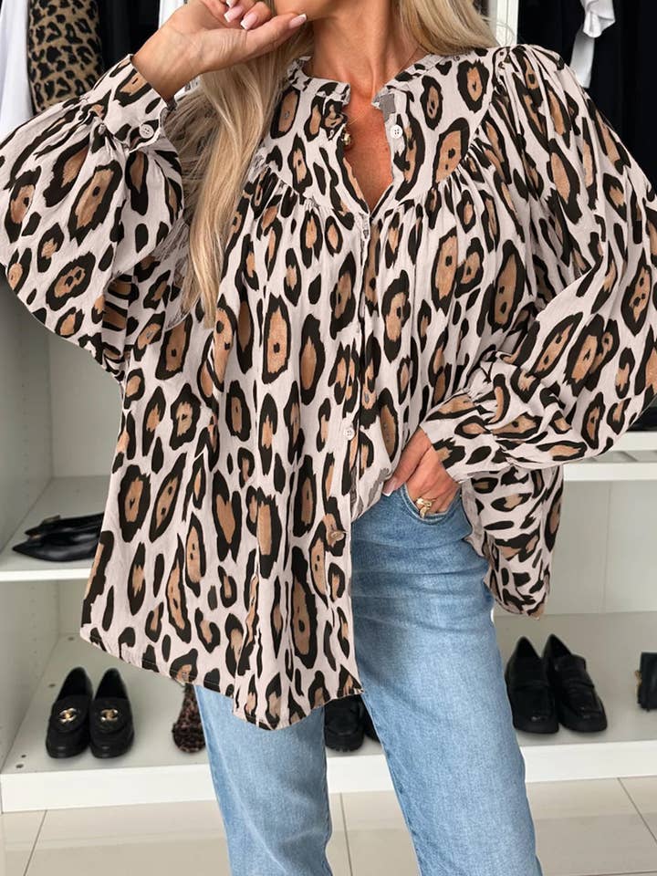 LALA LOO - Wholesale Button Down Shirt - Women's - Leopard Balloon Sleeve Buttoned Shirt14