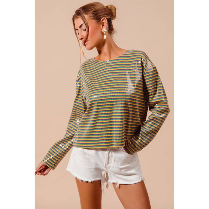 Top de Malha com Lantejoulas Transparentes e Risca de Giz Colorida de Mardi Gras por atacado de IVE